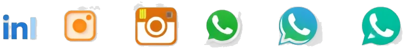 Ícones de redes sociais: LinkedIn, Instagram, Facebook, WhatsApp